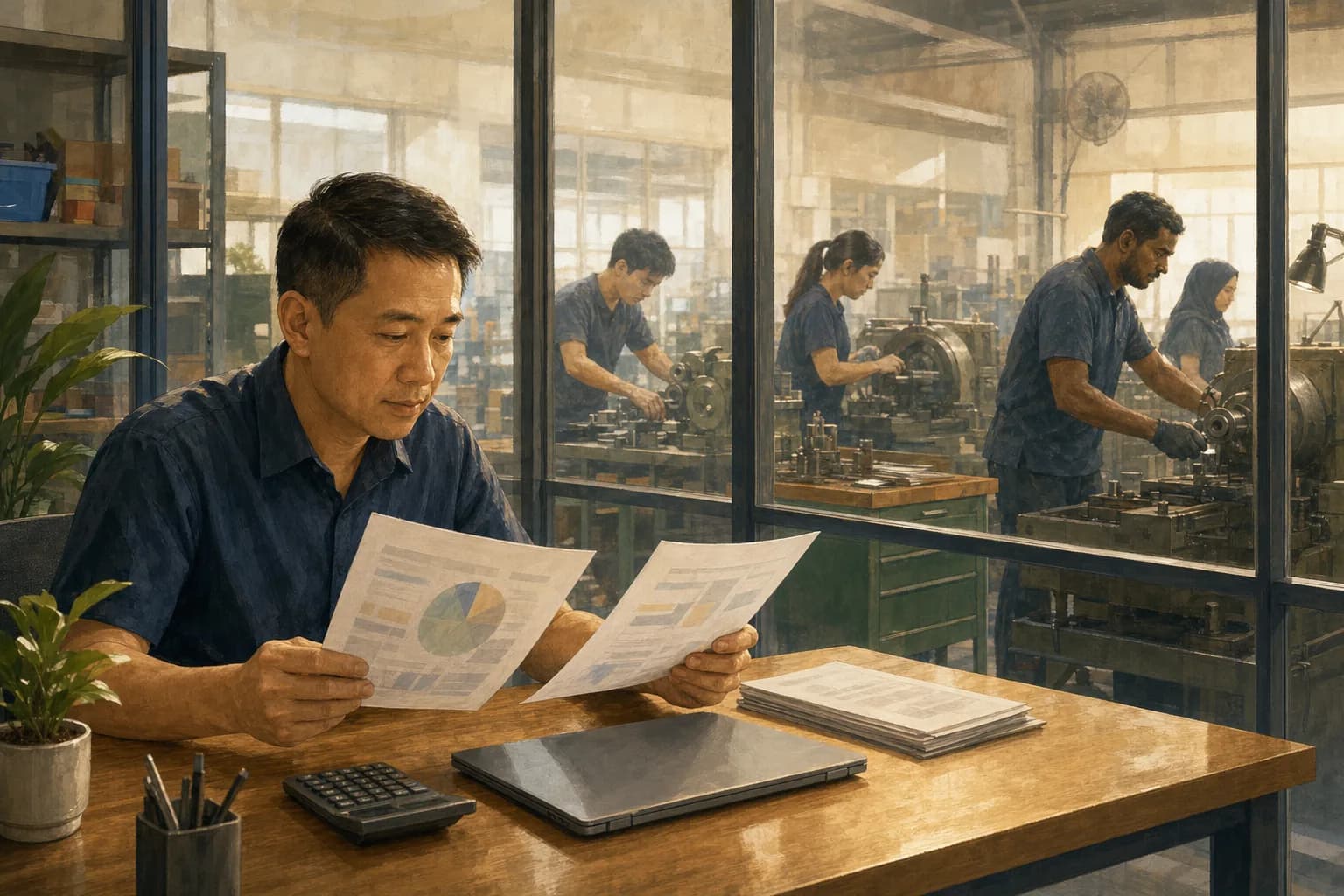 Business owner at a desk comparing printed payroll sheets with a calculator while operators work at machines in the workshop behind a glass partition