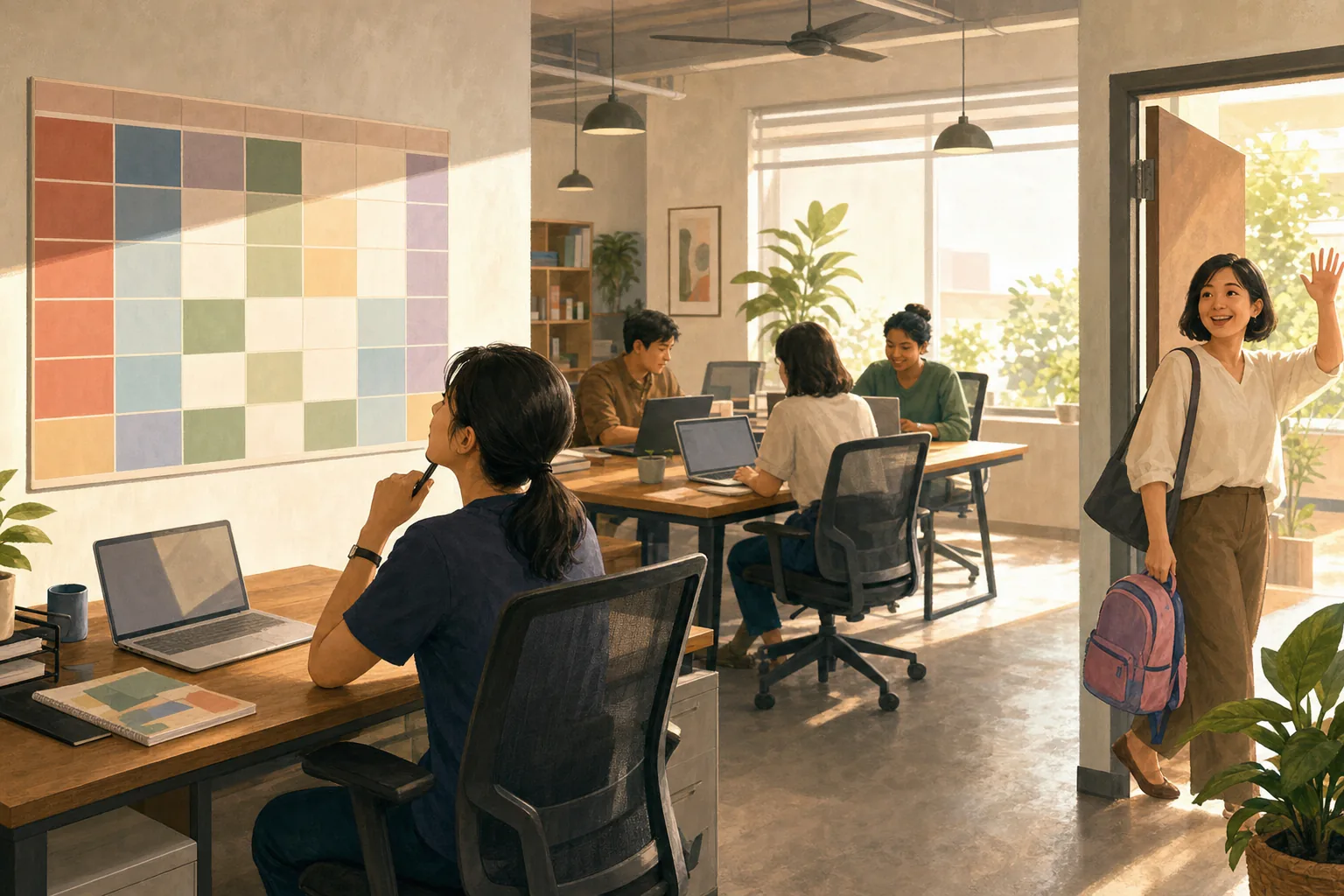 Office manager at a desk reviewing a large wall planner of coloured leave blocks while a colleague with a child's school backpack waves goodbye at the door