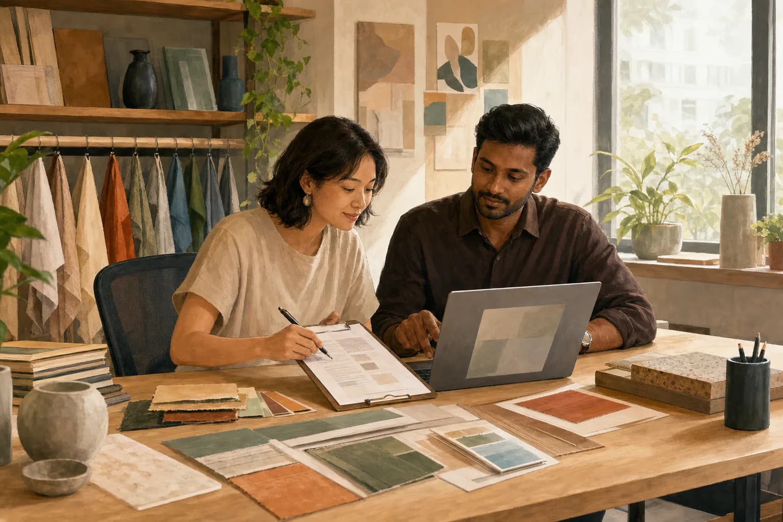 A small design studio office where a director and an advisor compare a printed list on a clipboard with a laptop screen, marking items off with a pen