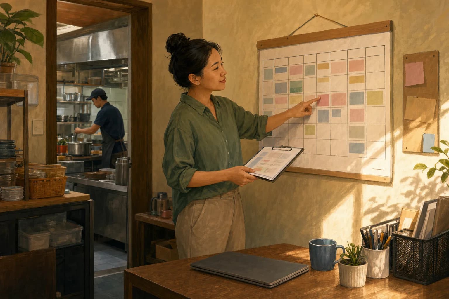 An operations manager at a small restaurant's back office planning a new kitchen worker's first week on a wall calendar, with a clipboard and a laptop on the desk