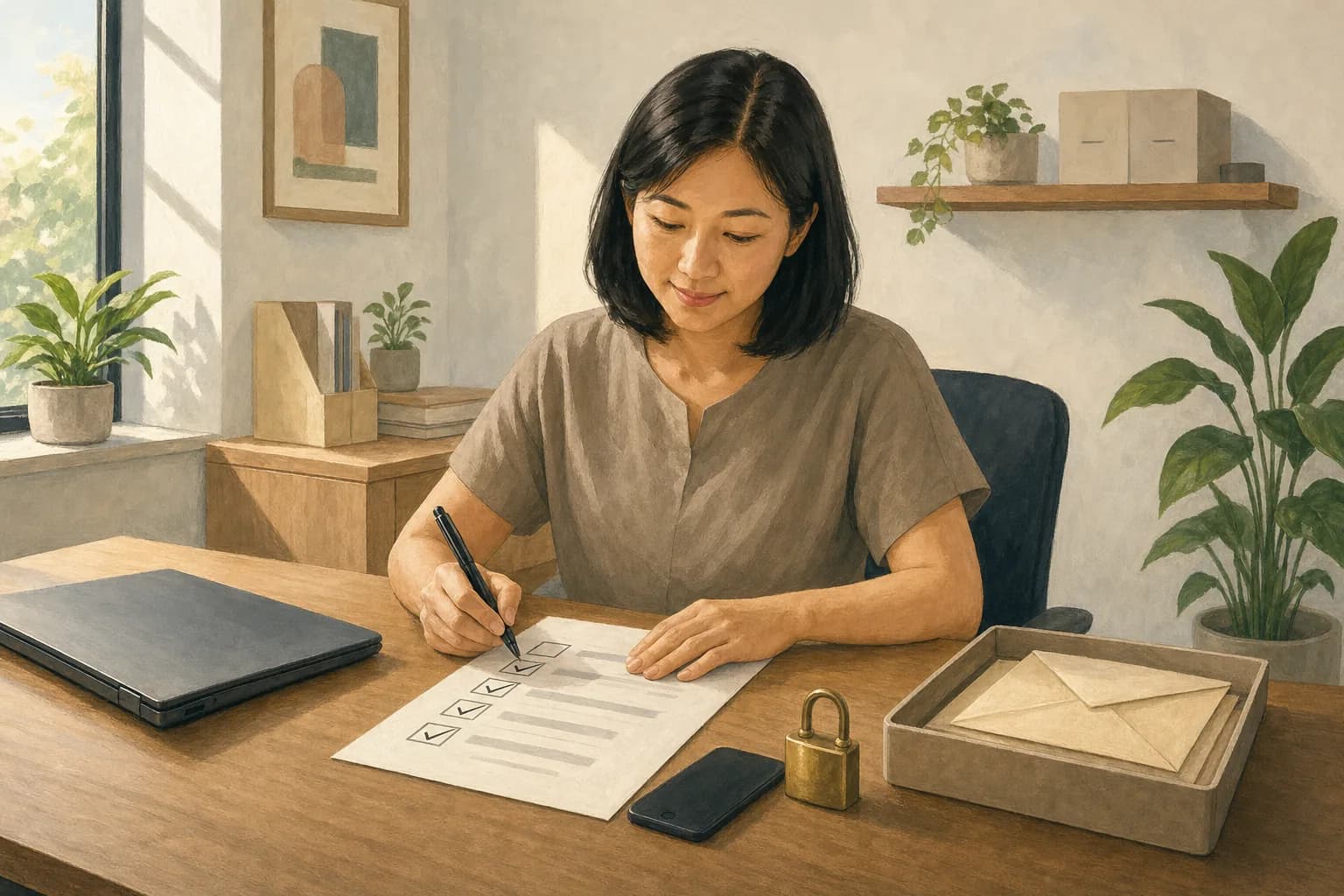 An office administrator at a tidy desk in a small office ticking items on a printed checklist, with a laptop, a smartphone lying face down and a small padlock beside a tray of envelopes