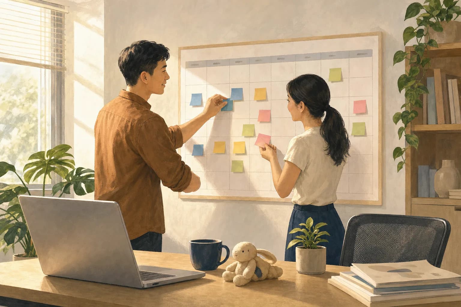 An office manager and an employee reviewing a wall calendar together beside a desk with a laptop, a baby's soft toy and a coffee cup, planning leave weeks with coloured sticky notes