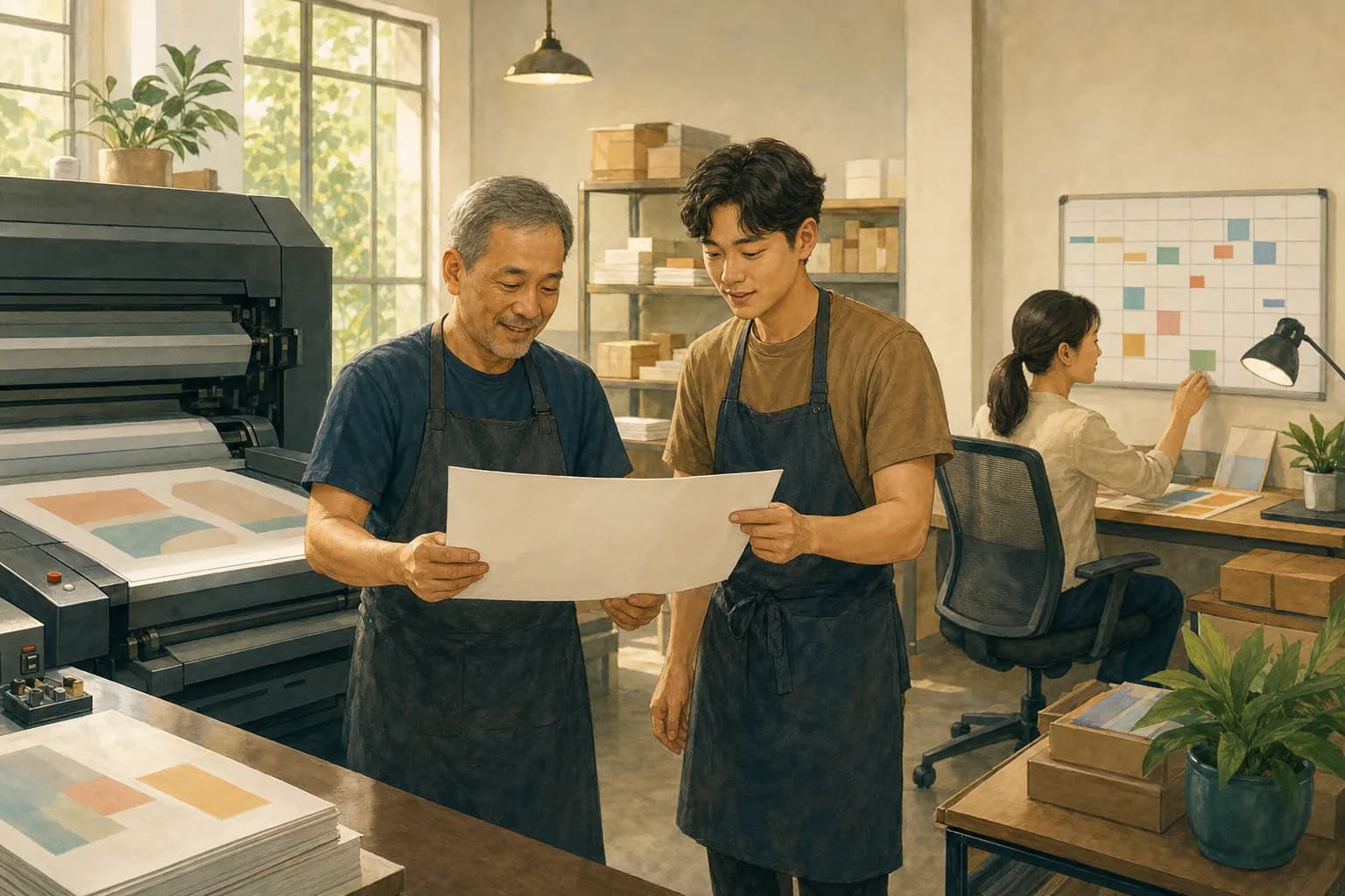A small printing workshop where an older worker and a younger colleague review a job sheet beside a print machine, while a manager at a desk looks over a wall planner