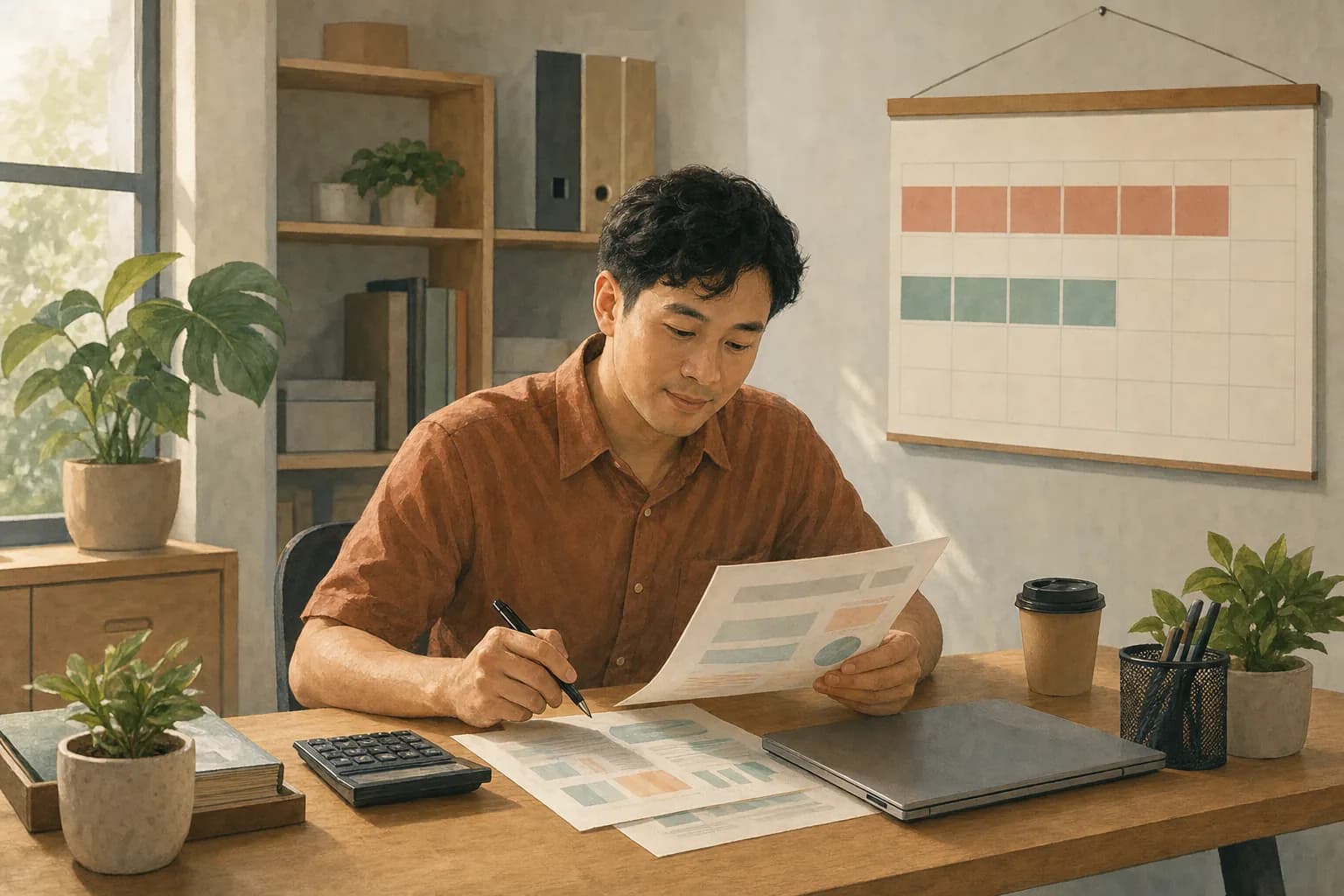 A small business owner at a desk reviewing a printed profit and loss summary beside a wall calendar with the first weeks of the year marked