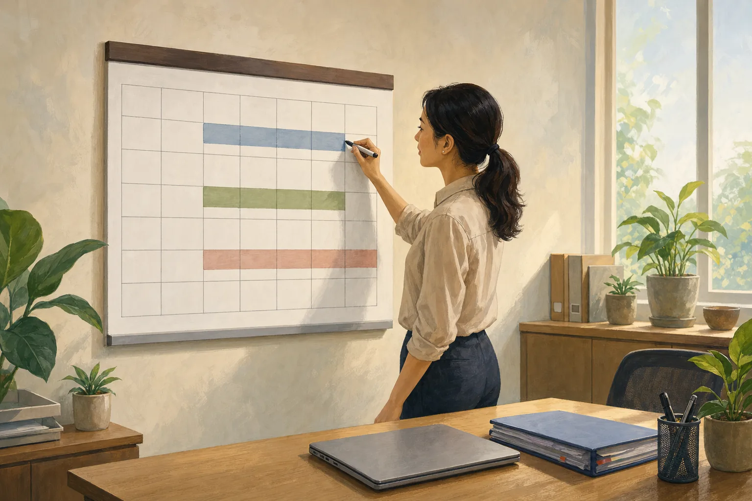 An office administrator at a small firm's desk marking three renewal windows on a large wall calendar, with a laptop and a folder of staff documents beside her