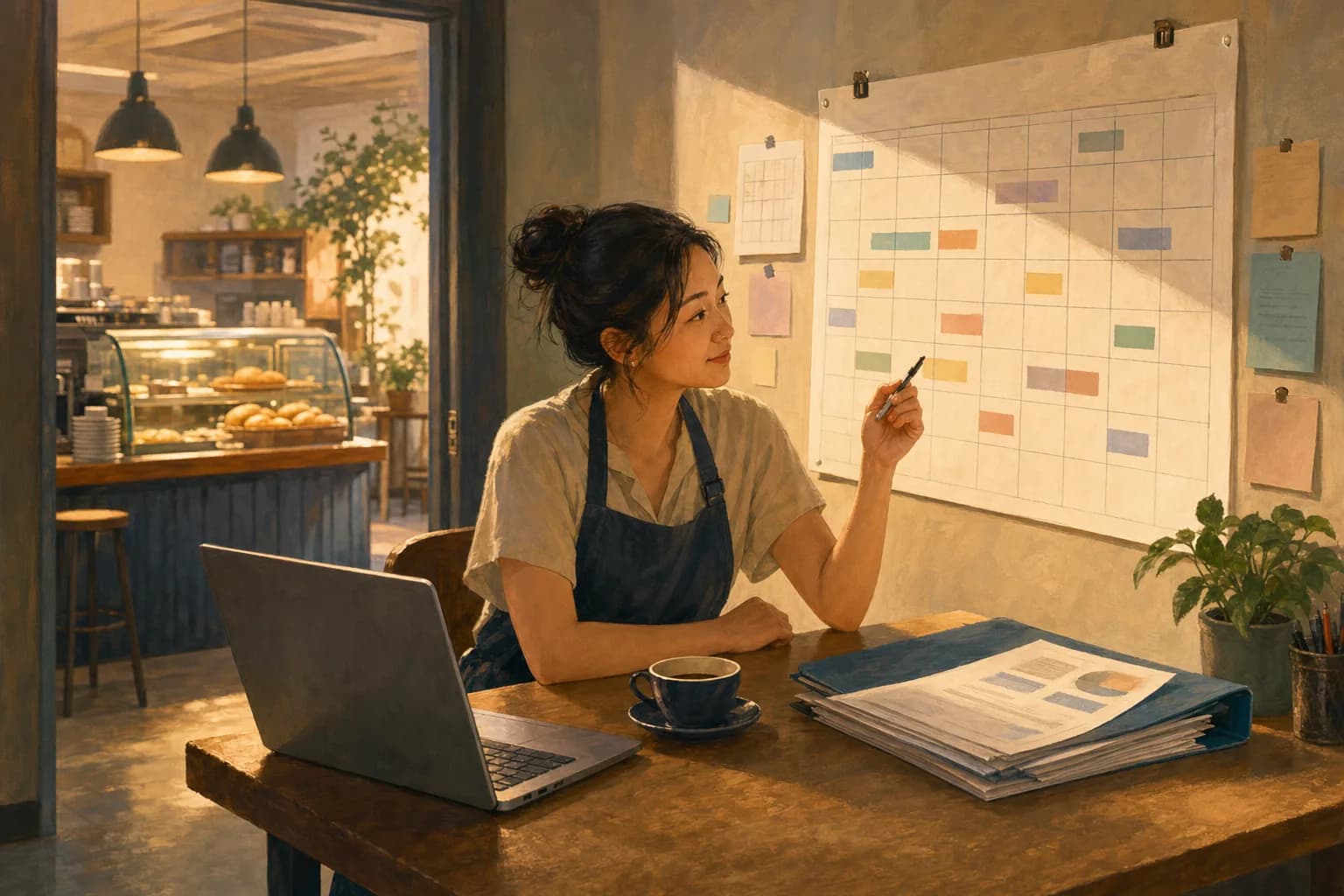 A small café owner at a back-office table checking a staff leave chart against a wall calendar, with a laptop and a folder of payroll papers