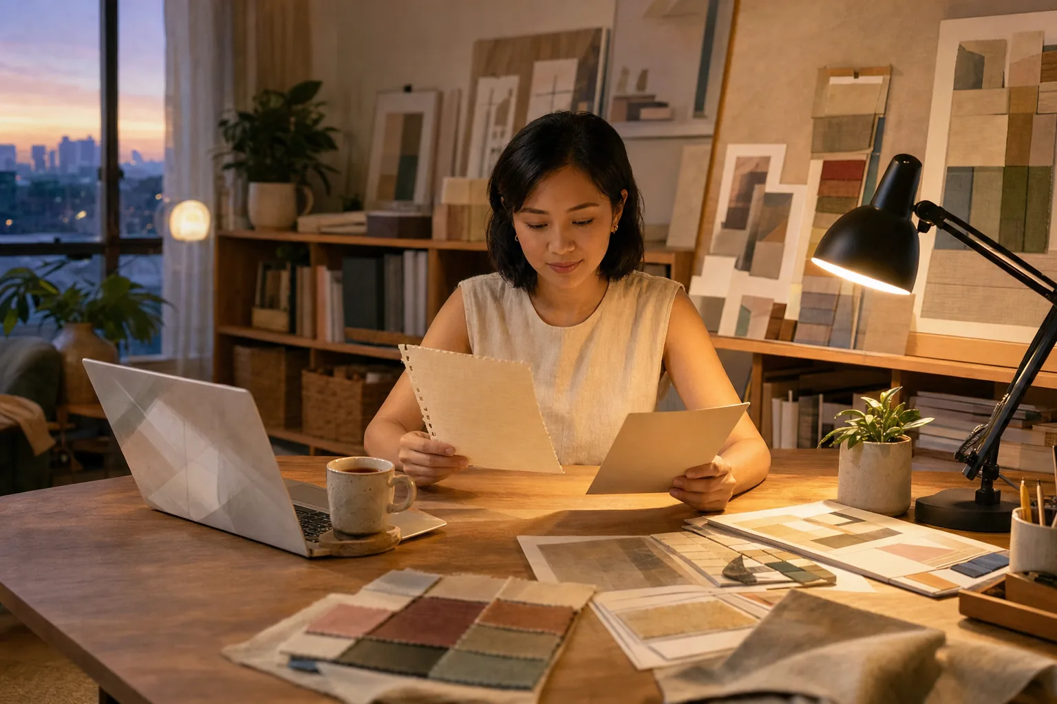 An owner of a small design studio at a desk in the evening, reading two sheets of paper beside a laptop and fabric colour swatches