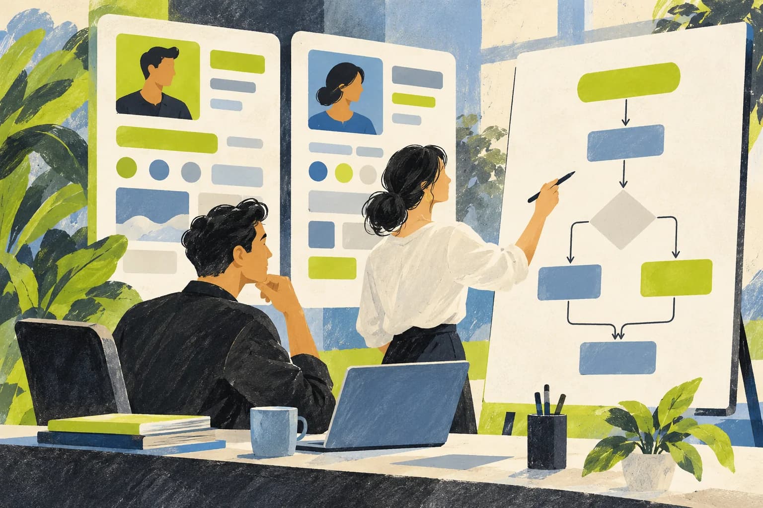 Conceptual illustration of two abstract customer-record screens made of colored blocks beside a blank sales workflow chart.