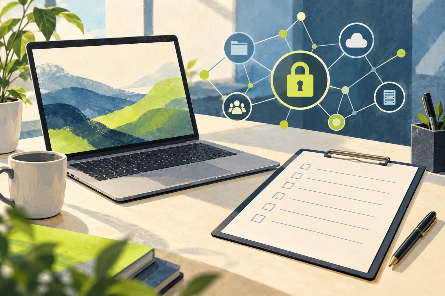 Conceptual illustration of an office laptop, network diagram made of simple lines and a padlock beside a blank assessment sheet.