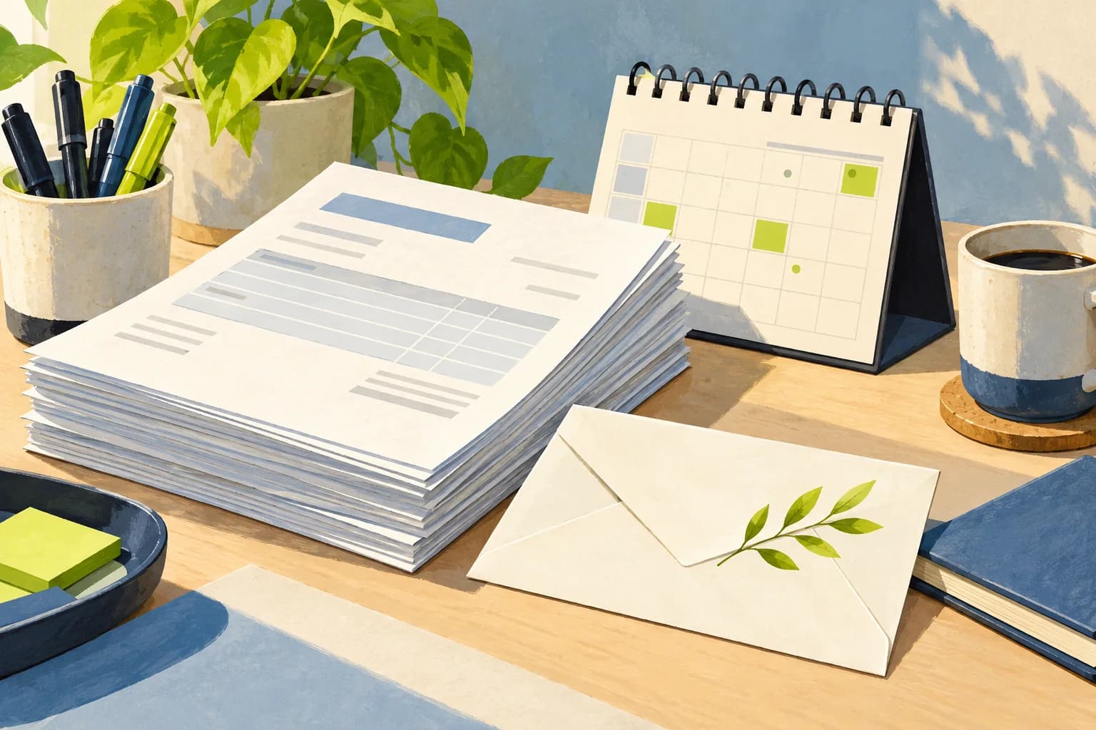 Conceptual illustration of a stack of blank invoices, calendar and polite reminder envelope on a small business desk.