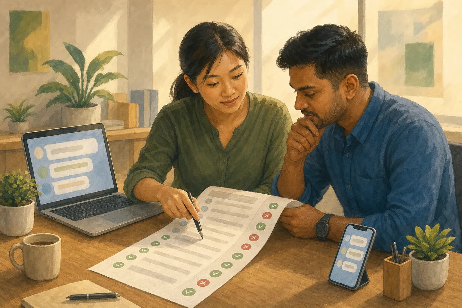 A small team reviewing a printed test log of an AI agent's conversations, marking passes and failures