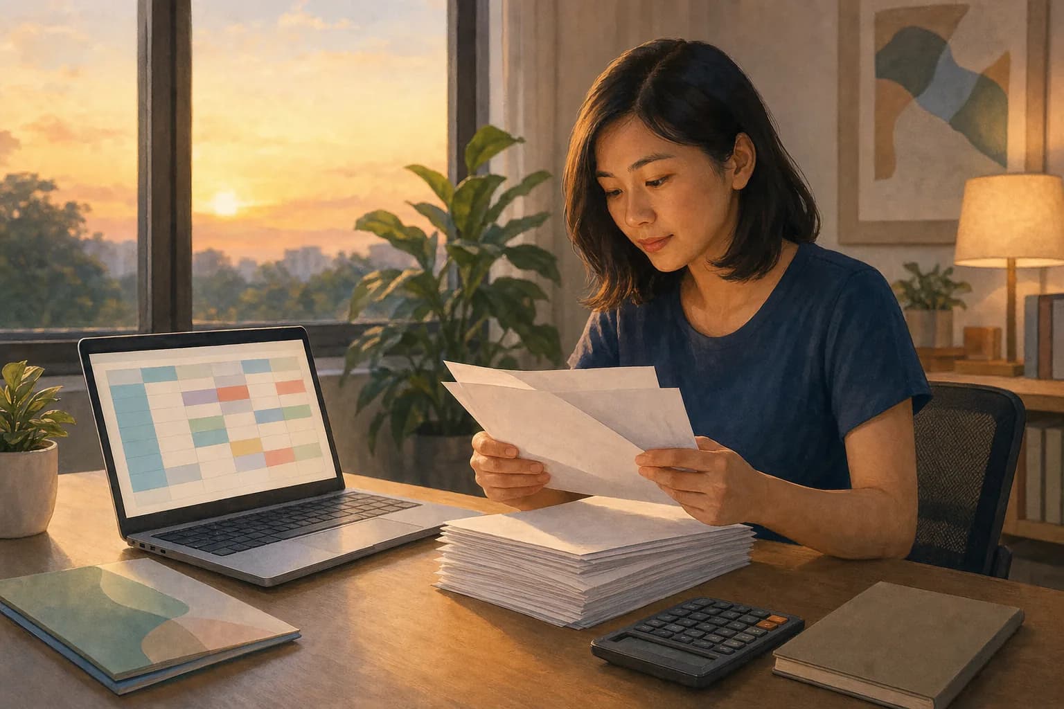 A small-business owner reviewing a December payroll sheet with a calculator and a stack of payslips