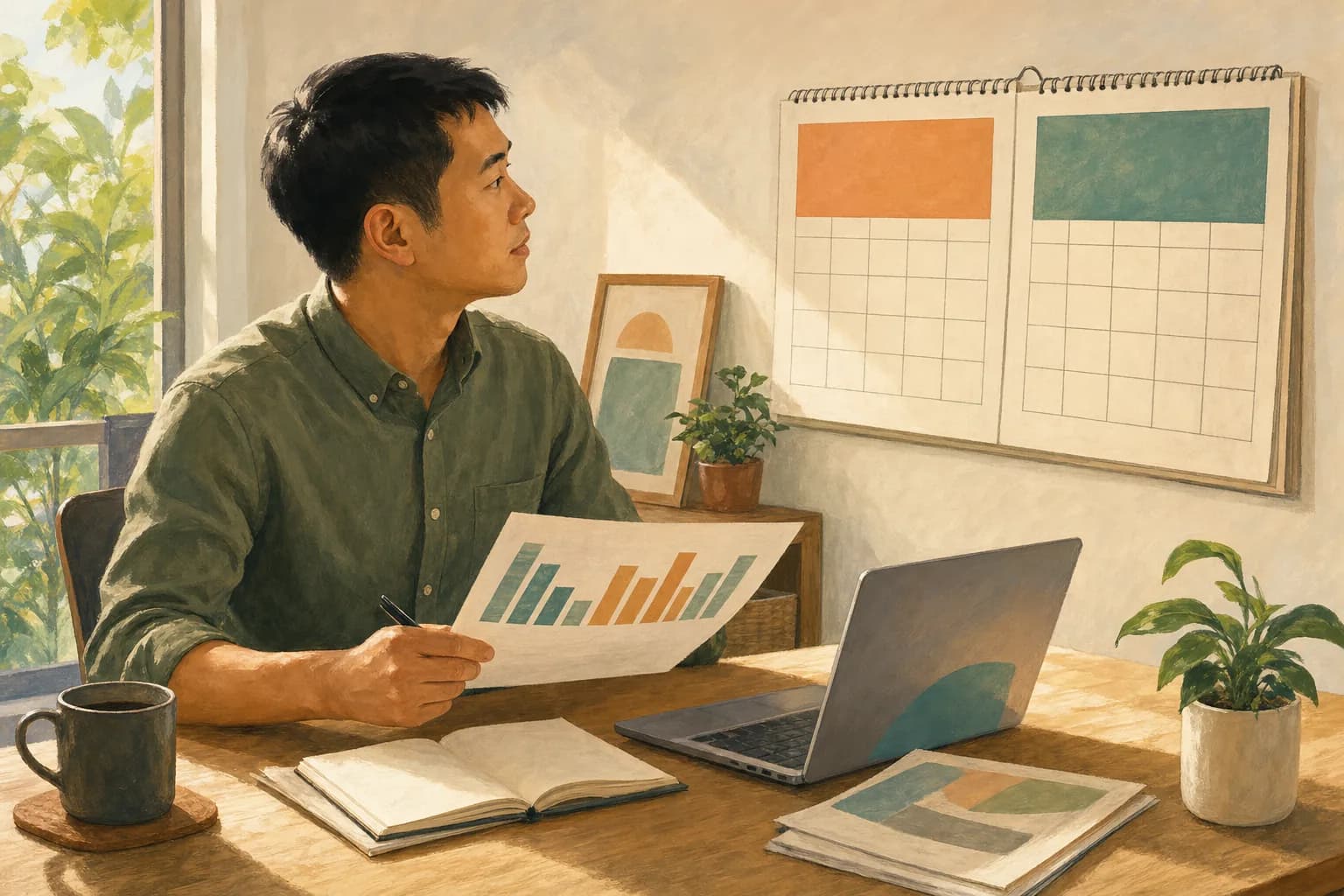 An employer at a desk holding a printed chart and looking up at a wall calendar while planning a hire