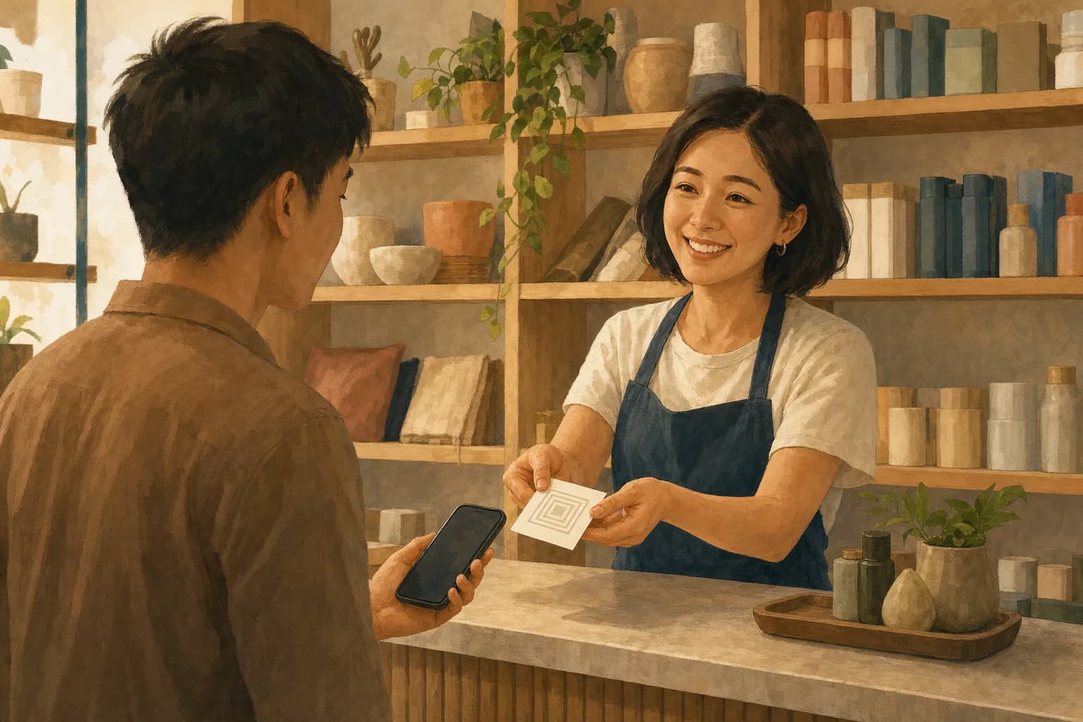 A shop owner at a counter asking a customer to leave a review using a printed card with a QR code