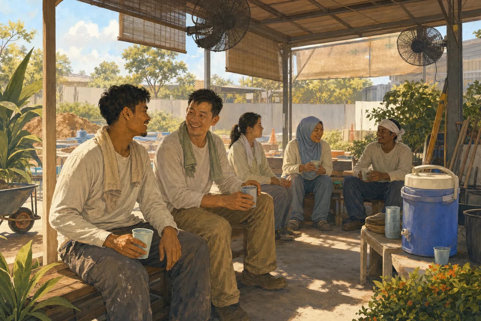 Outdoor workers resting under a ventilated shade shelter beside an insulated water cooler on a hot day