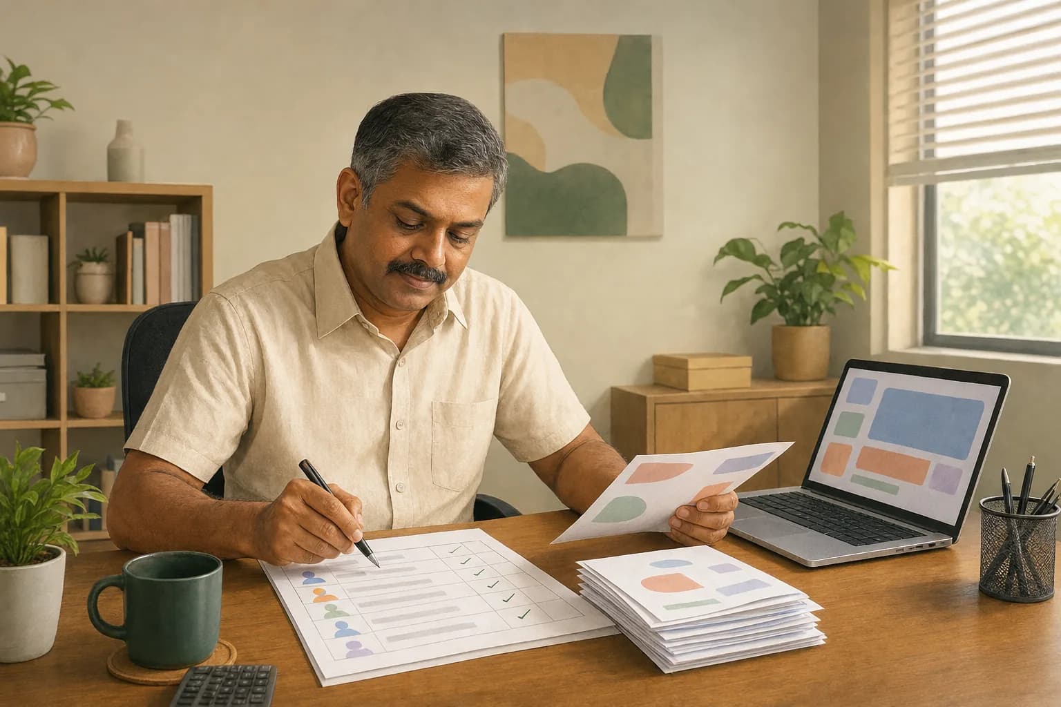 A business owner matching a staff list against payslips and a monthly contributions report at an office desk