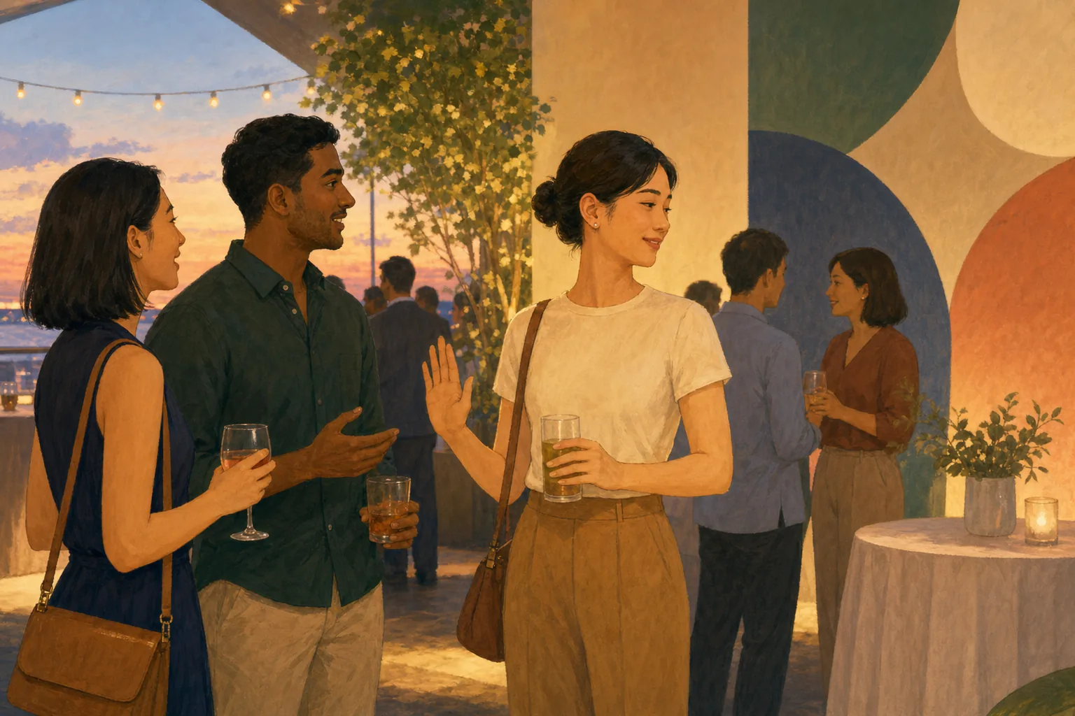 Three business owners at a networking event, one stepping back from a conversation and raising a hand to decline