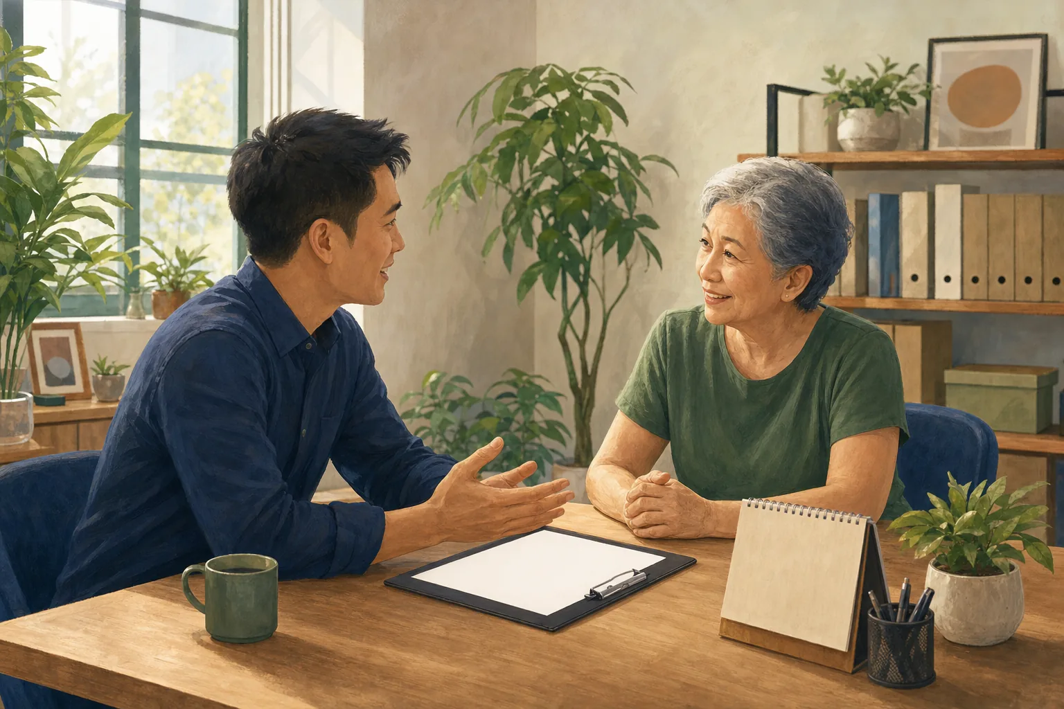 An employer and an older employee talking across a desk with a re-employment contract and a calendar