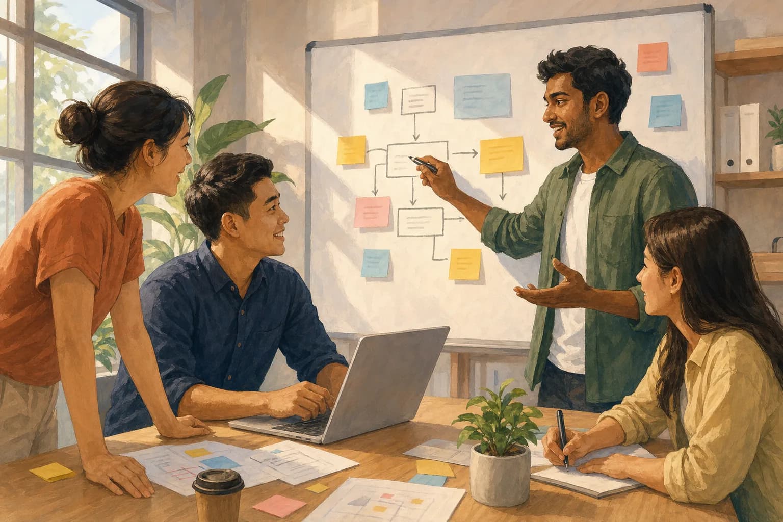 A small team gathered around a laptop sketching an enquiry-to-task workflow on a whiteboard