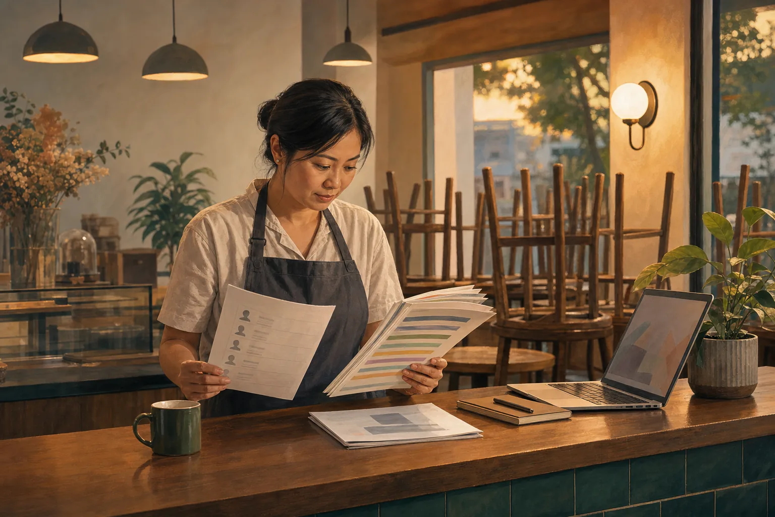 A small business owner comparing an insurance policy schedule with a printed staff list at a café counter after closing
